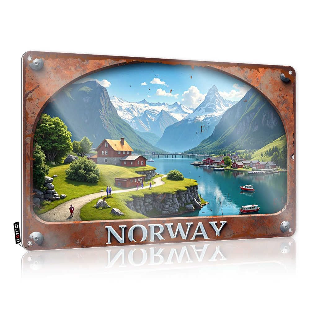 Fzfn Colour Art Cool Vintage Style | Norwegian Fjord Serenity: A Picturesque Village Amidst Majestic M Industrial Soft Area Home Decor(20X30cm)