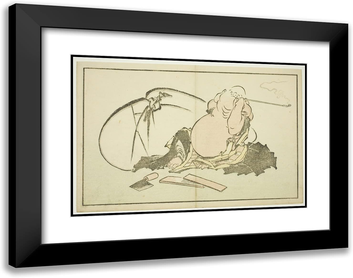 ArtDirect Katsushika Hokusai 24x19 Black Modern Framed and Double Matted Art Print Titled Hotei Smoking his Pipe, from The Picture Book of Realistic Paintings of Hokusai (Hokusai shashin gafu)