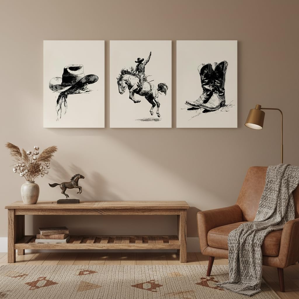 TEOVGKN 3Pcs Western Cowboy Canvas Wall Art, Vintage Black and White Sketch Pictures, Rustic Farmhouse Country Aesthetic Posters, FRAMED READY TO HANG (12x16 in)