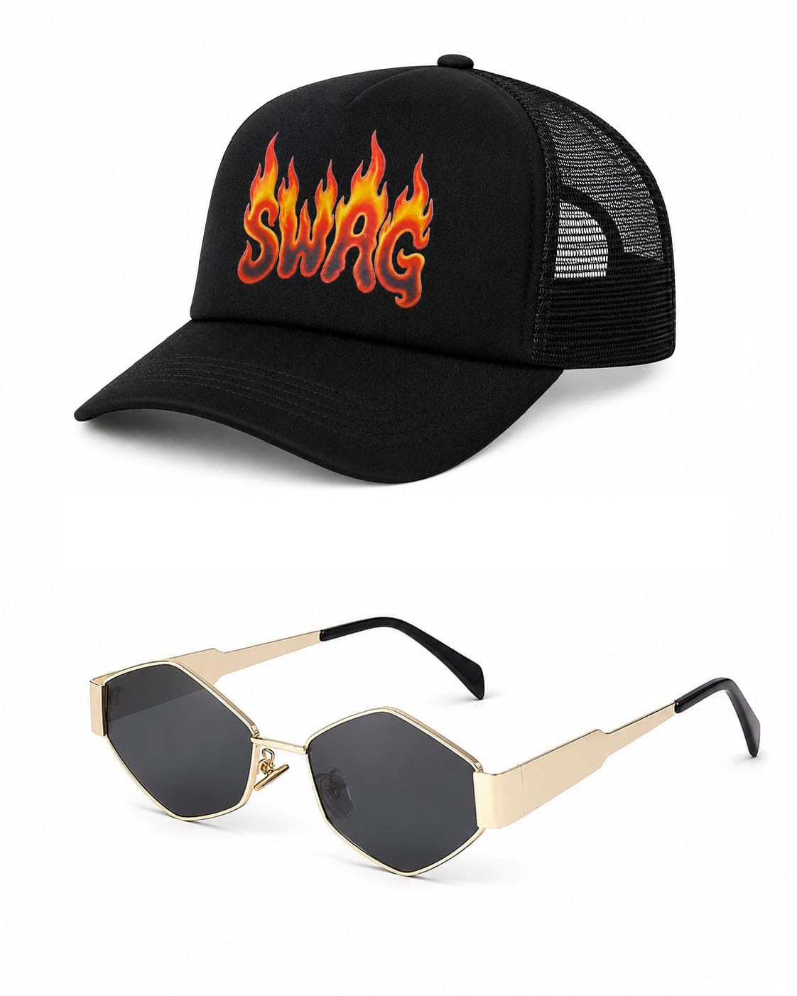 FasamUnisex Black Trucker Cap & UV Protected Hexagon Sunglasses Combo | Adjustable Mesh Baseball Cap with Flame Swag Graphic Print | Stylish Outdoor Fashion Combo for Men & Women-image-30