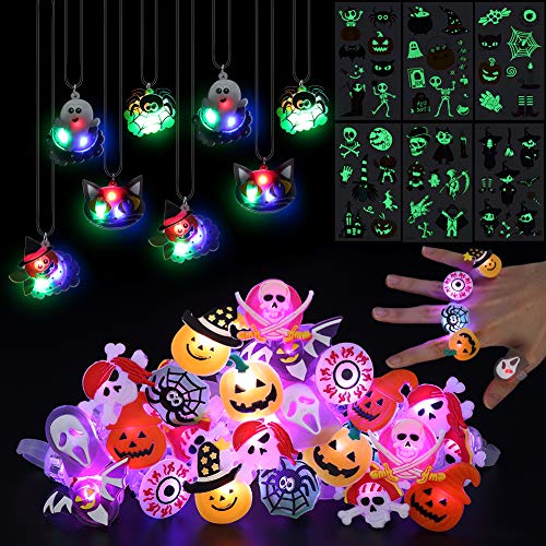 Twister.CK Anillos de Luces LED para Halloween para niños, 54 Piezas de Juguetes con Luces LED para Fiestas, Anillos Intermitentes, Tatuajes para Bolsas de Suministros para Fiestas, Relleno