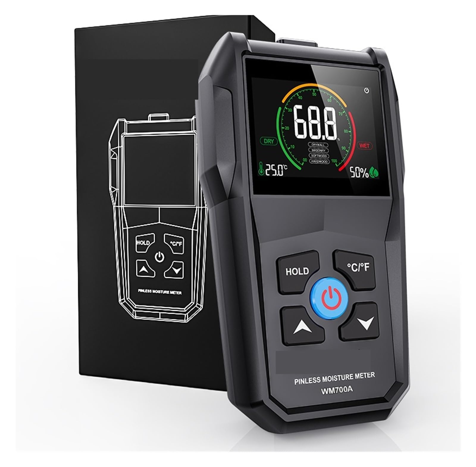 Digital Moisture Tester, Non-Contact Wood Moisture Meter Inductive Timber Color Screen Digital Electromagnetic