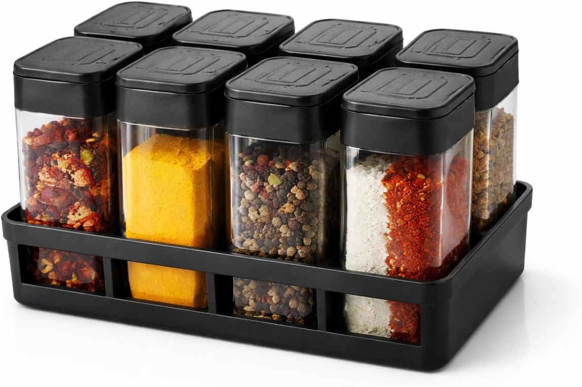 Spice Jar Set with Rack (8 Pieces) | Transparent Masala Containers with Flip Lid | Kitchen Storage Organizer for Spices, Salt, Masala | Airtight Seasoning Box Set (Black) (8 Piece)