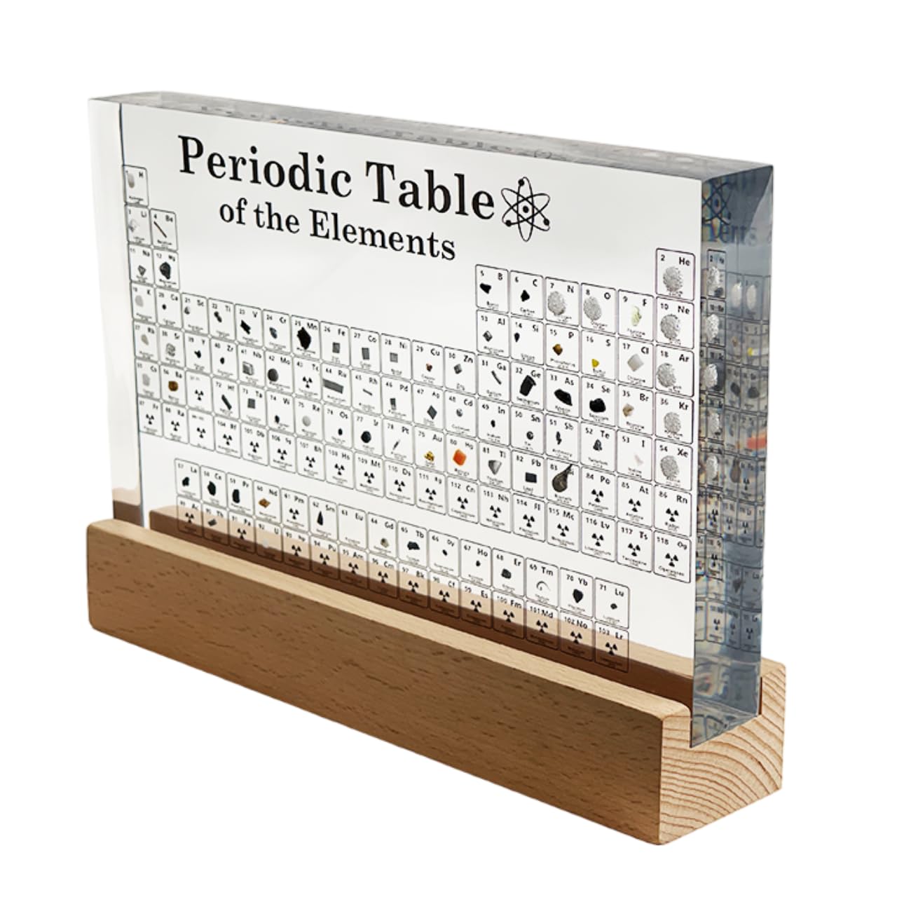 Periodensystem mit echten Elementen, groß (21 x 14 x 2,7 cm), Holzsockel, transparentes Board und Holzständer mit weißem LED-Licht, chemisches Geschenk für Schüler und Lehrer