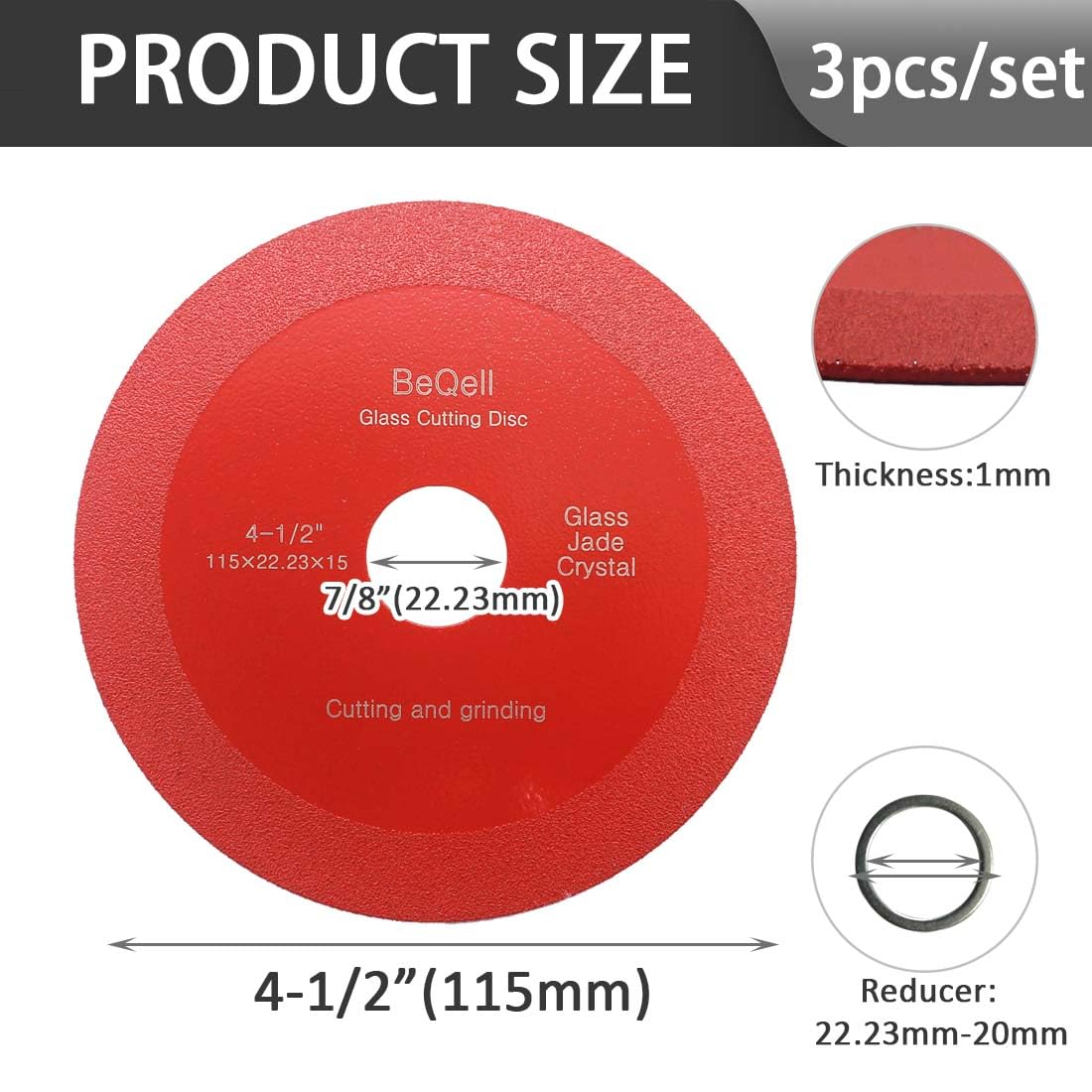 Glass Cutting Disc 4-1/2 Inch 3pcs BeQell Diamond Saw Blade for Glass,Jade,Wine Bottles,Tile,Ceramic,Marble,Ultra-Thin Saw Blade Wheel Diamond Cutting Disc for Angle Grinder with 7/8" Arbor Hole