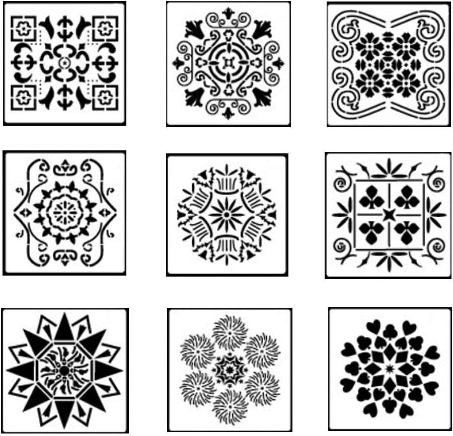 HZphima Tile Stencil Designs for Painting - Wall or Floor Tile Stencil Designs - for Making Mosaic Tile Stencil Patterns (Mandala Stencils 9 Packs 7"x7")