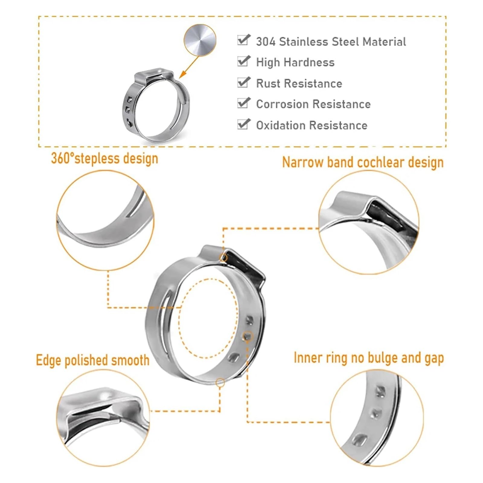 180 Stück Einzelohr-Schlauchschellen, 12 Größen 5,3–33,1 mm Crimp-Schlauchschellen, stufenloses Cinch-Ring-Schlauchschellen-Set Edelstahl 304