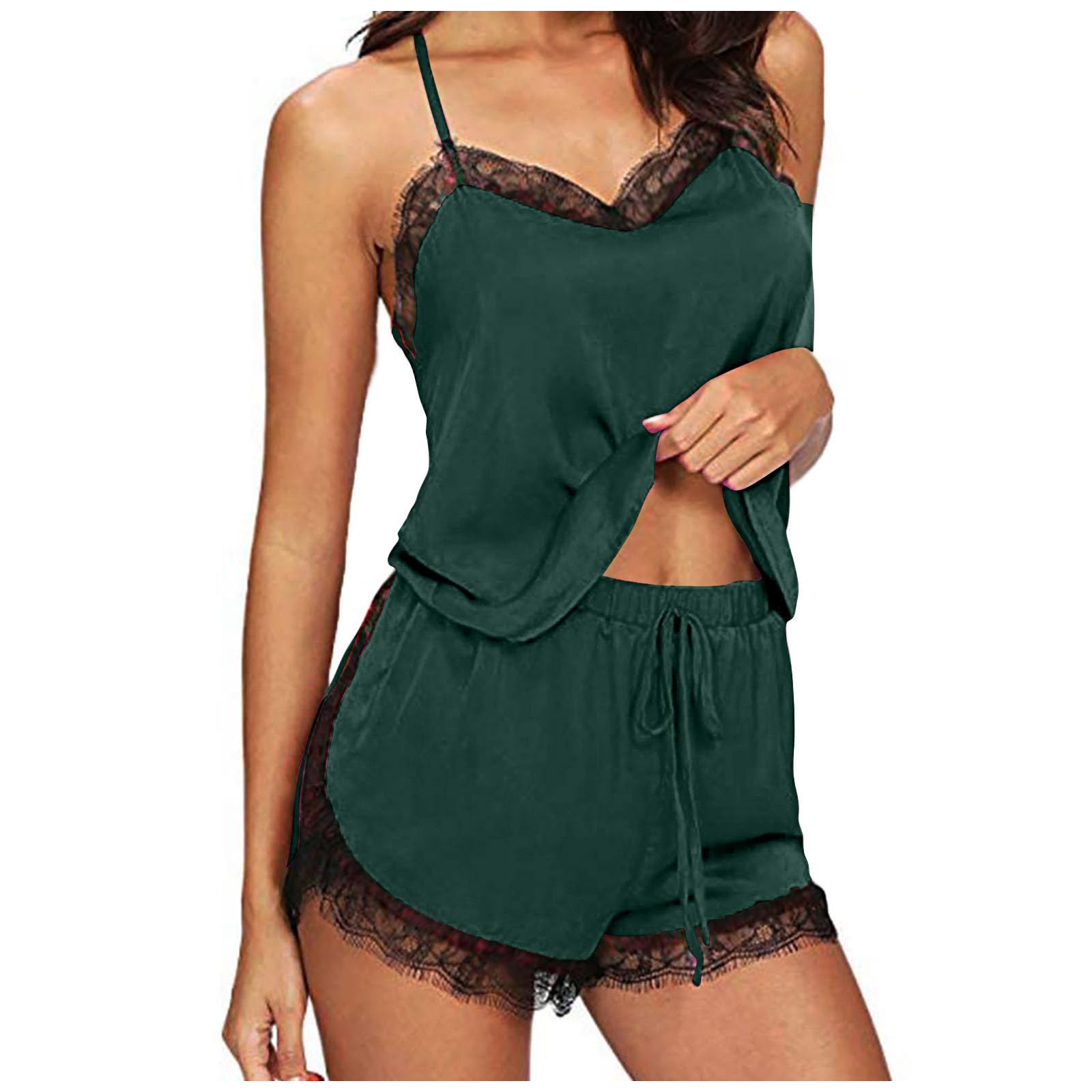 Womens Silk Satin 2 Piece Pajama Lounge Sets Sleepwear Lace Trim Cami with Shorts Loungewear Sexy Nightwear PJ