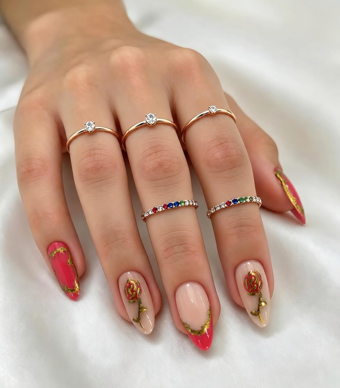 JESCO Press On Nails for Women | 20 Pcs Reusable Medium Almond Shape nail | Glossy Handmade & 3D Rose Nail Art Design | Perfect For Party, Wedding & Daily Wear-image-21