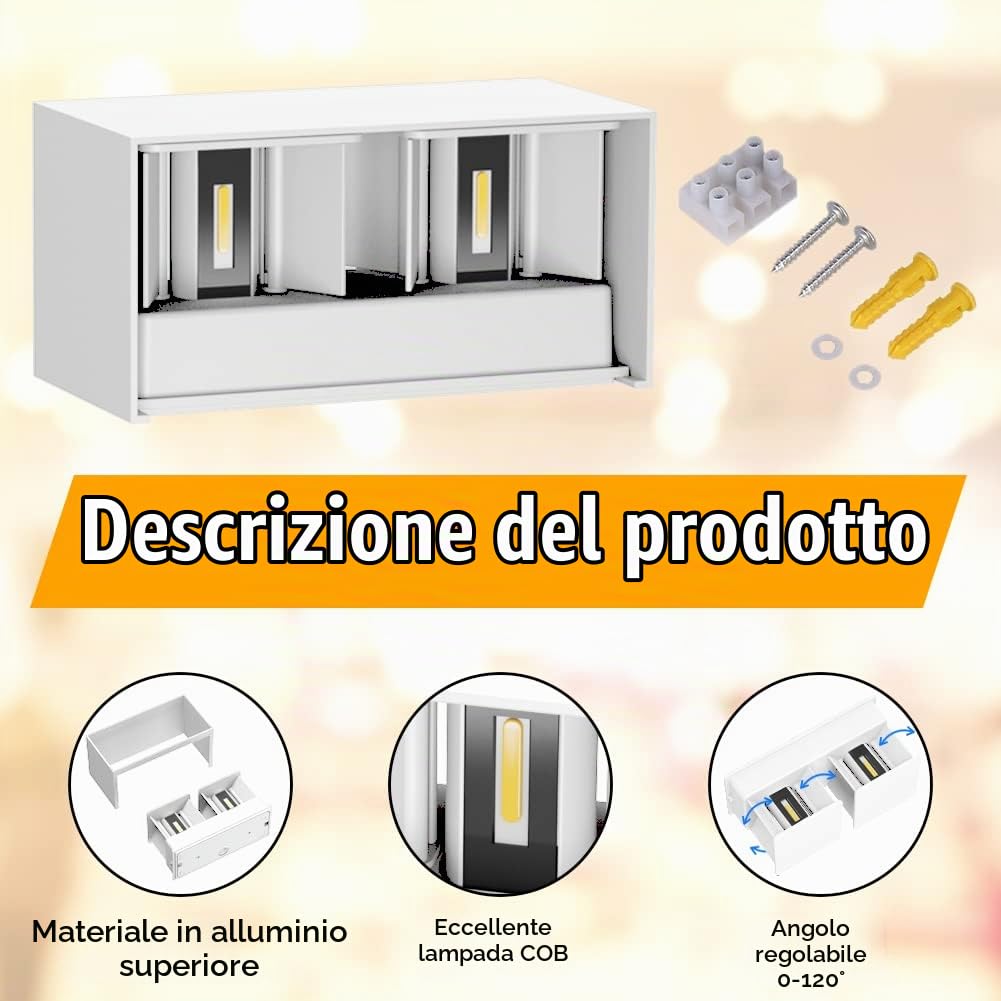 Klighten 2PCS Lampade da parete 24W Esterno/ Interno Moderno , lampada da esterno Bianco Caldo 3000K Applique da Parete, IP65 Impermeabile , Angolo del Fascio Regolabile Applique, Bianca
