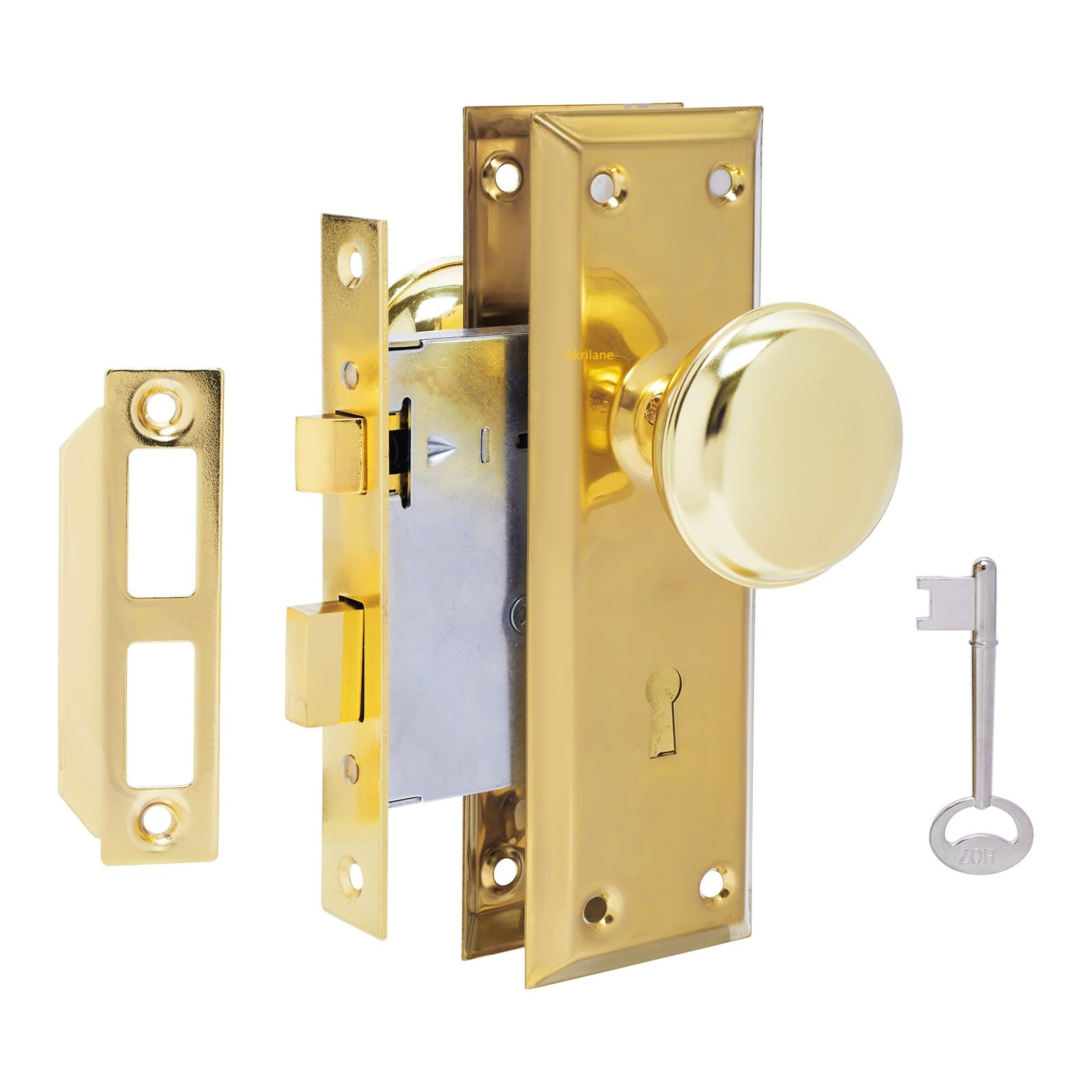 AKRILANE Mortise Lock Set Interior Door Antique & Vintage Style Knob with Keys - Brass