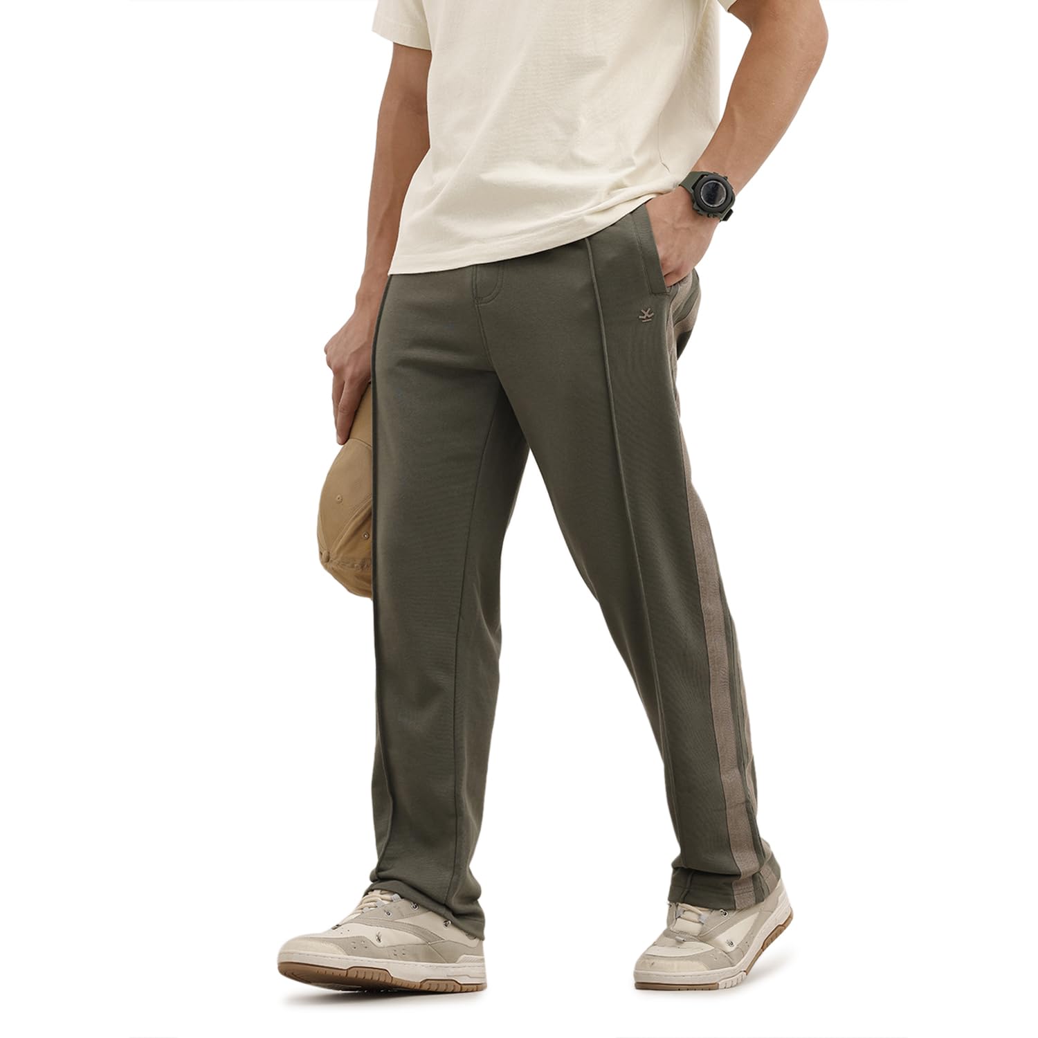 wrogn Men's Olive Relaxed Fit Double Stripe Joggers-picture-10