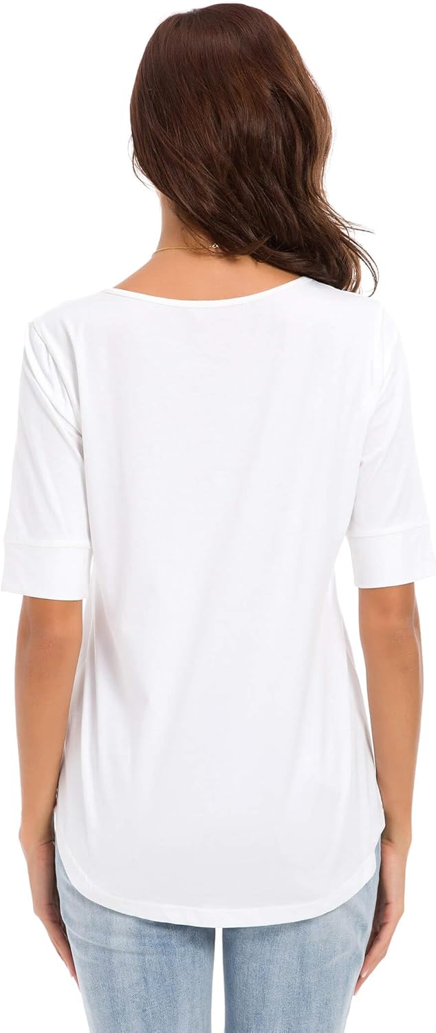 Women's Cotton Tops Scoop Neck Elbow Length Sleeve T Shirts Summer Basic Tunic Tee - Image 4