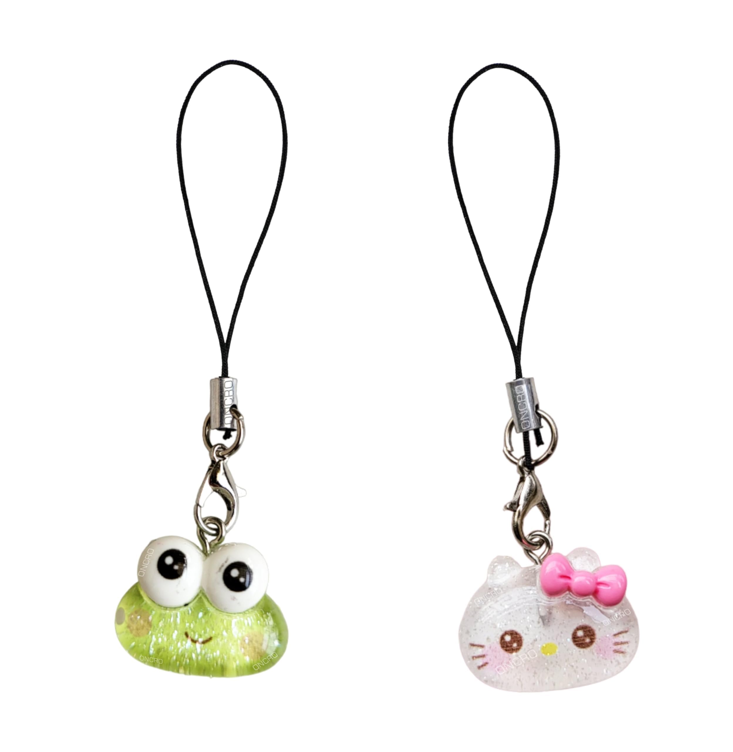 pack of 2pc combo Cute green Frog Hello Cat Kitten Crystal Candy type Pendant Phone Charms for girls strap hanging Keychain key ring accessories necklace lobster Lanyard bracelet-image-1