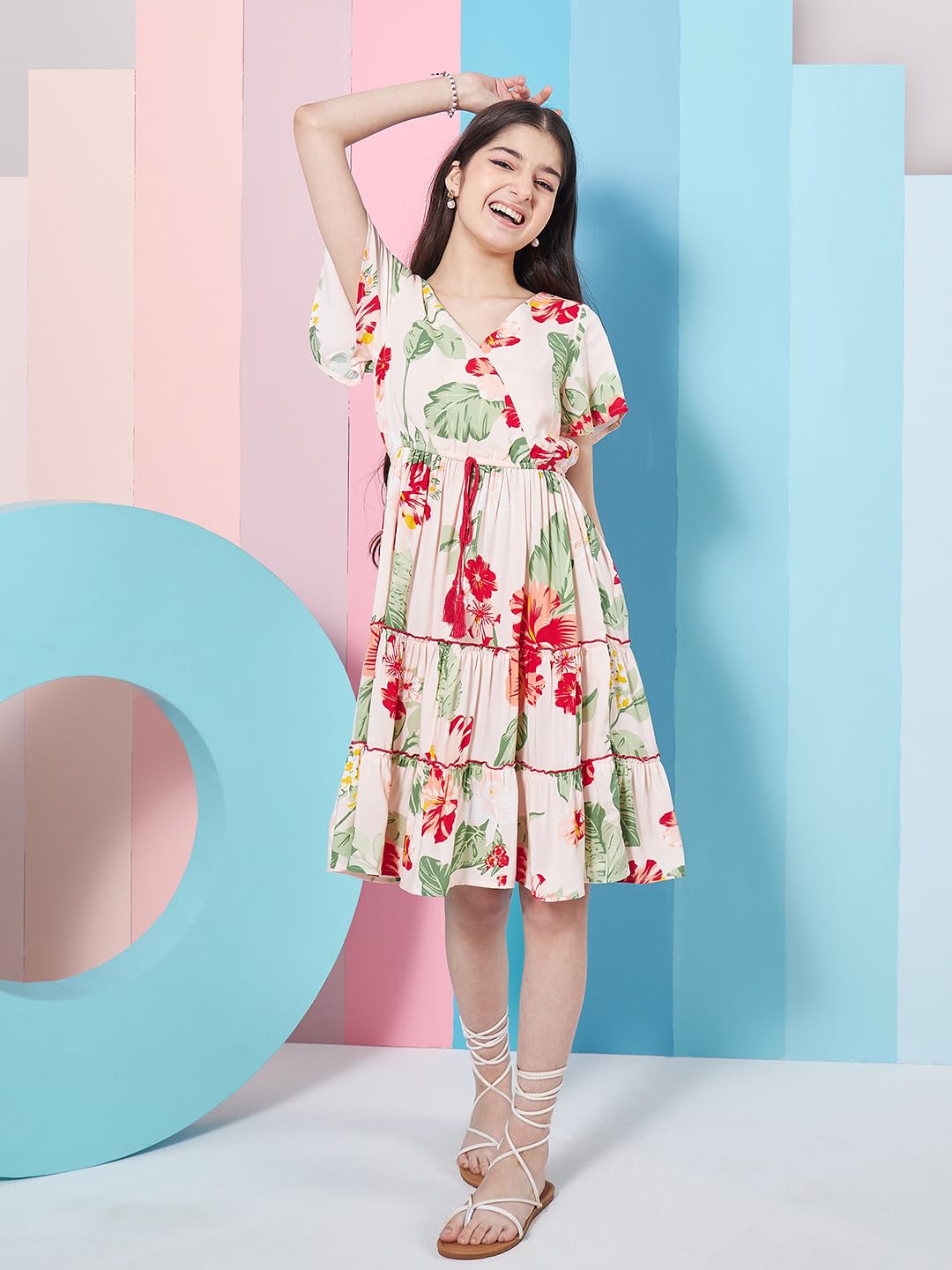 Pspeaches Vestido de manga acampanada con estampado floral para niña, ajuste escalonado y acampanado, ropa casual, elegante y a la moda