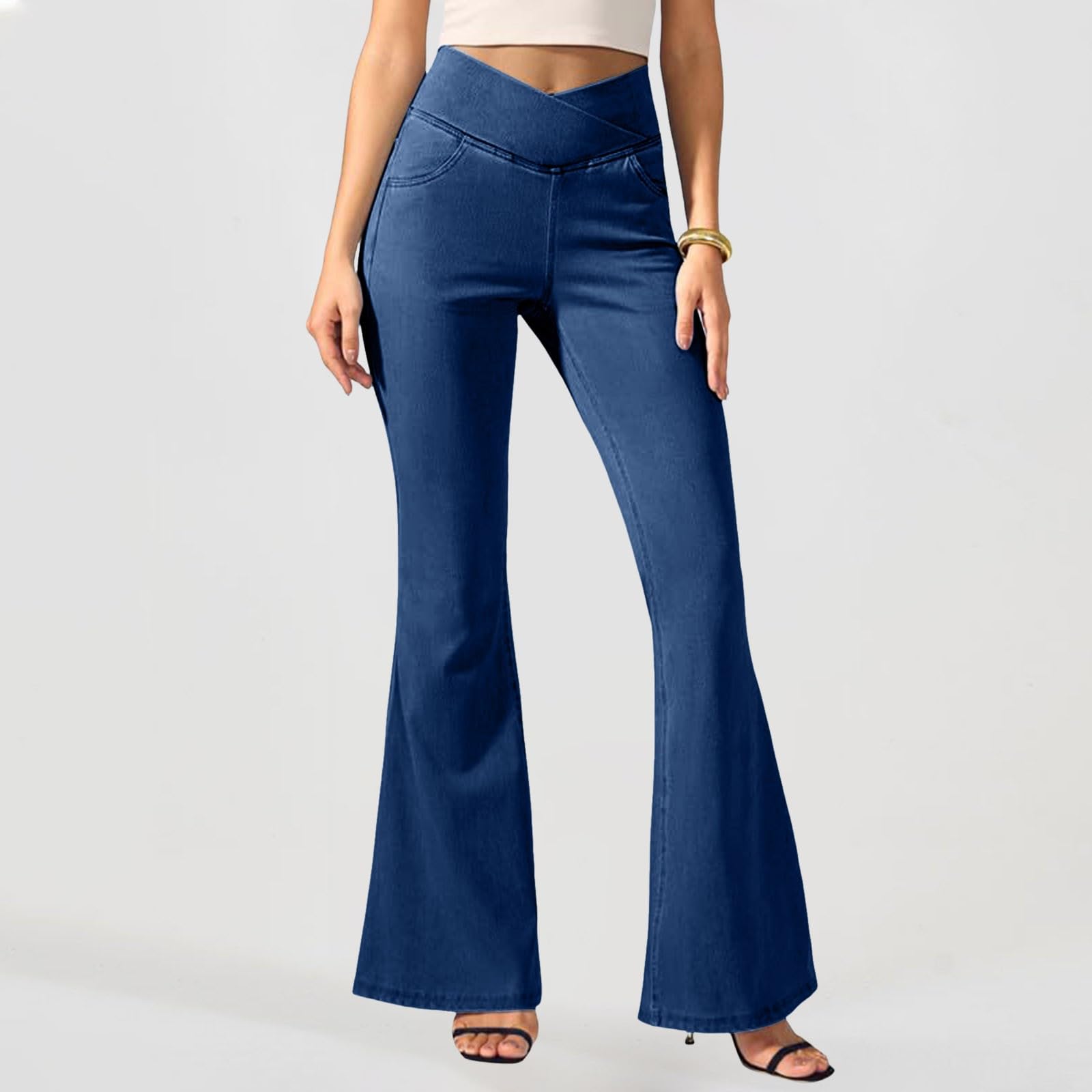 Generisch Pantaloni da jogging da donna, per il tempo libero, larghi, jeans a vita alta, pantaloni da yoga, pantaloni elasticizzati, con tasche, colore nero, stretch 48