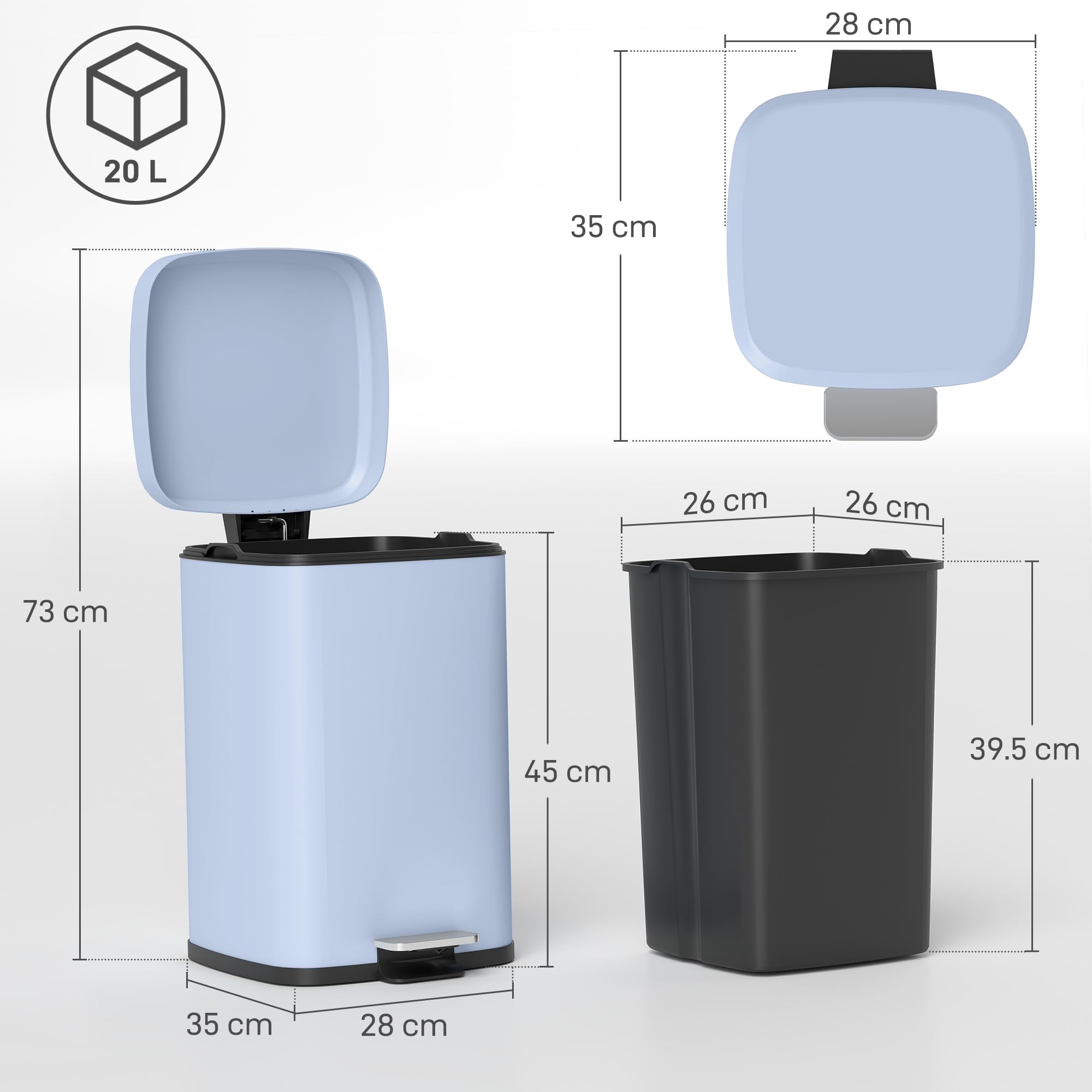 HOMCOM 20 Liter Tret-Abfalleimer, Fingerabdruck-sicherer Küchenabfalleimer mit weich schließendem Deckel, Fußpedal und herausnehmbarem Inneneimer für Recycling und Abfall, hellblau