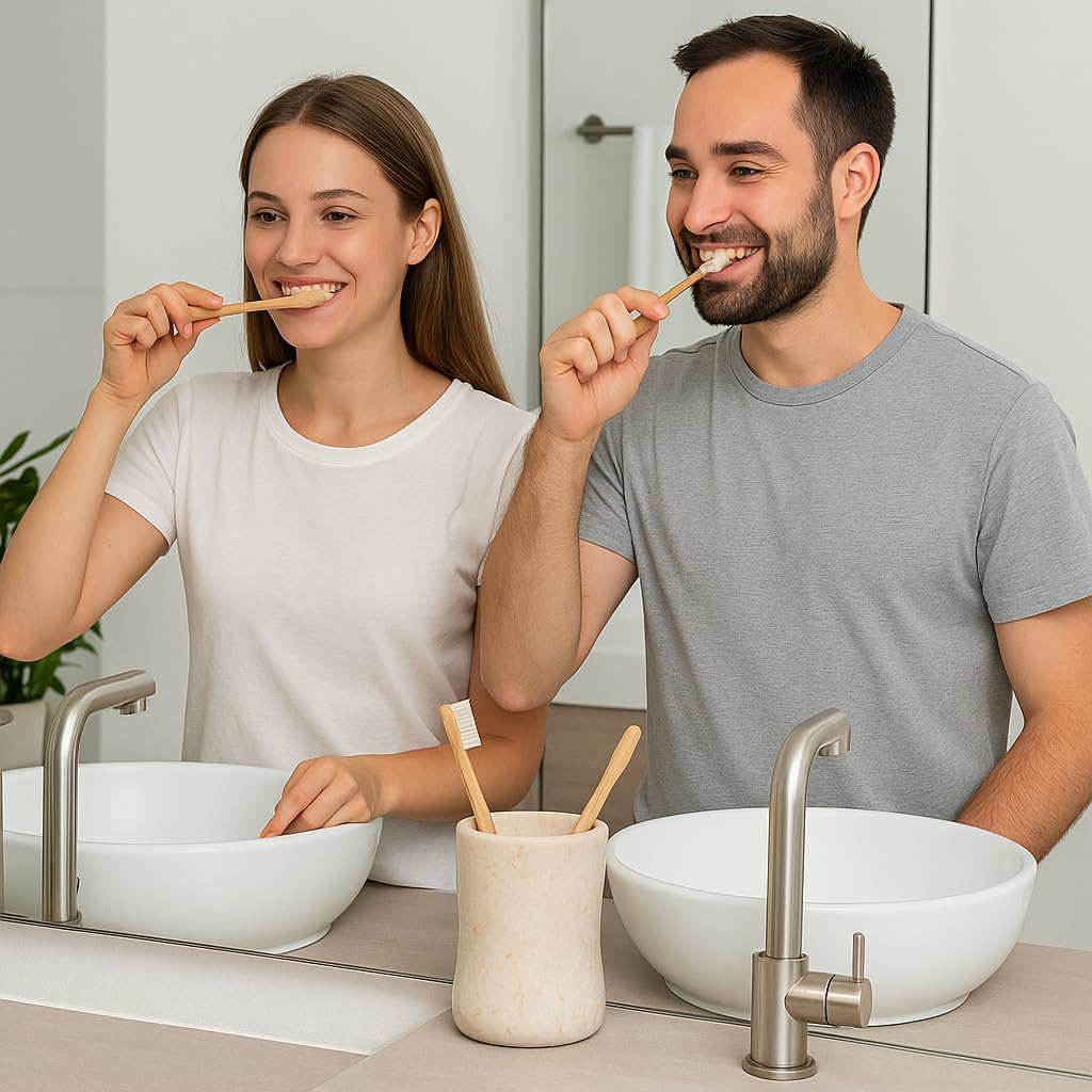 Creative Home Natural Champagne Marble Curvy Collection Tumbler Toothbrush Holder Makeup Brush Holder Bathroom Countertop Organizer, Beige, 3.3 Diam. x 4.5 H Inch