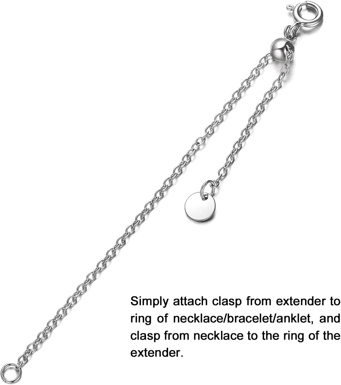 1pc 925 Sterling Silver 1.5mm Necklace Extender Chain 4inch Bracelet Anklet Single Bead Extension Adjustable Length