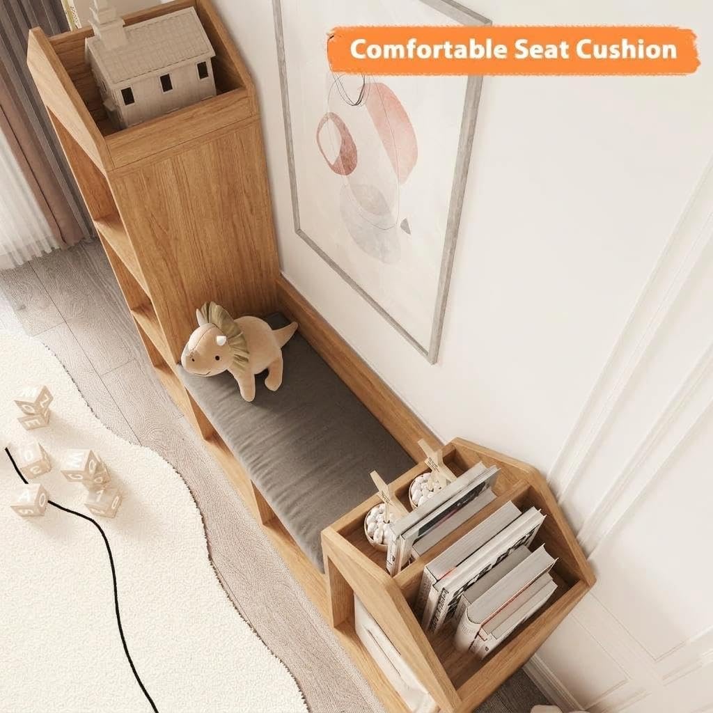 Librería infantil con banco y almacenamiento, mueble MDF natural para
