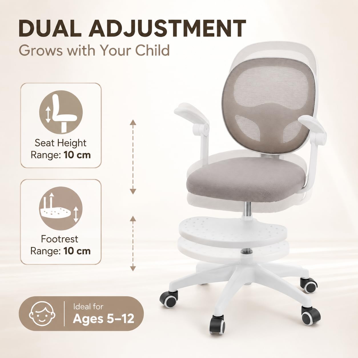 Sedia da scrivania per bambini, regolabile in altezza, 50 kg, grigio | rete, schiuma, forma a sella, pieghevole a 90°, 50 kg, ruote a gravità, girevole a 360°, seduta da 10 cm + poggiapiedi, 5-13J