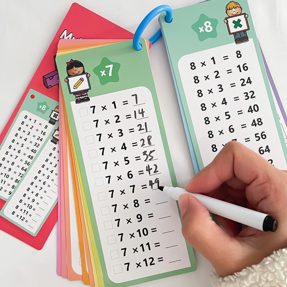 Lachilly Multiplication Flash Cards 0-12 with 2 Dry Erase Pens, Educational Times Table Flashcards for Kids, Self Check Classroom Home Learning Aids, Elementary School Teacher Teaching Aids, 15 Cards