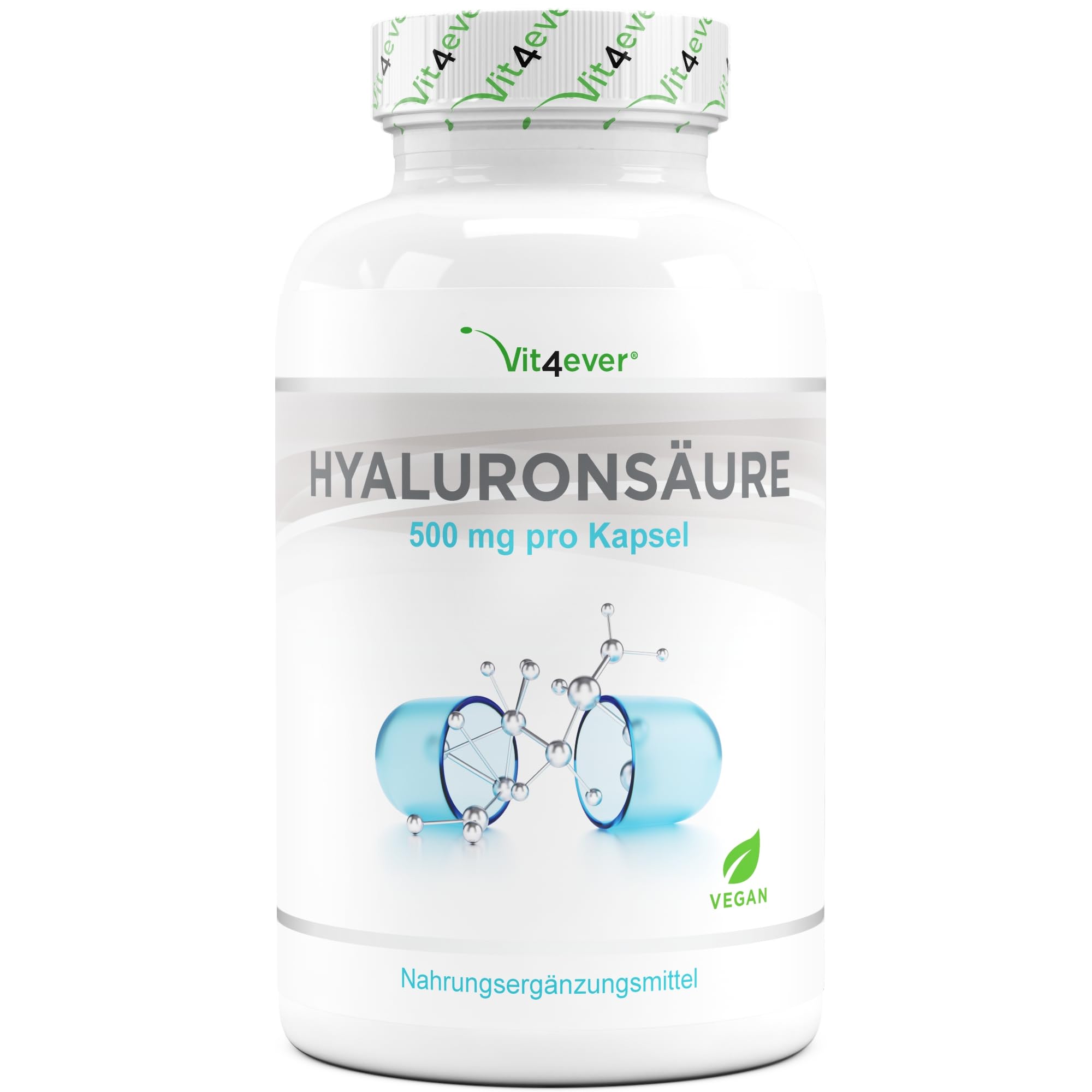 Vit4ever Ácido hialurónico – 180 cápsulas de alta dosis con 500 mg – 500 – 700 kDa – Vegetal de fermentación – Probado en laboratorio – Vegano