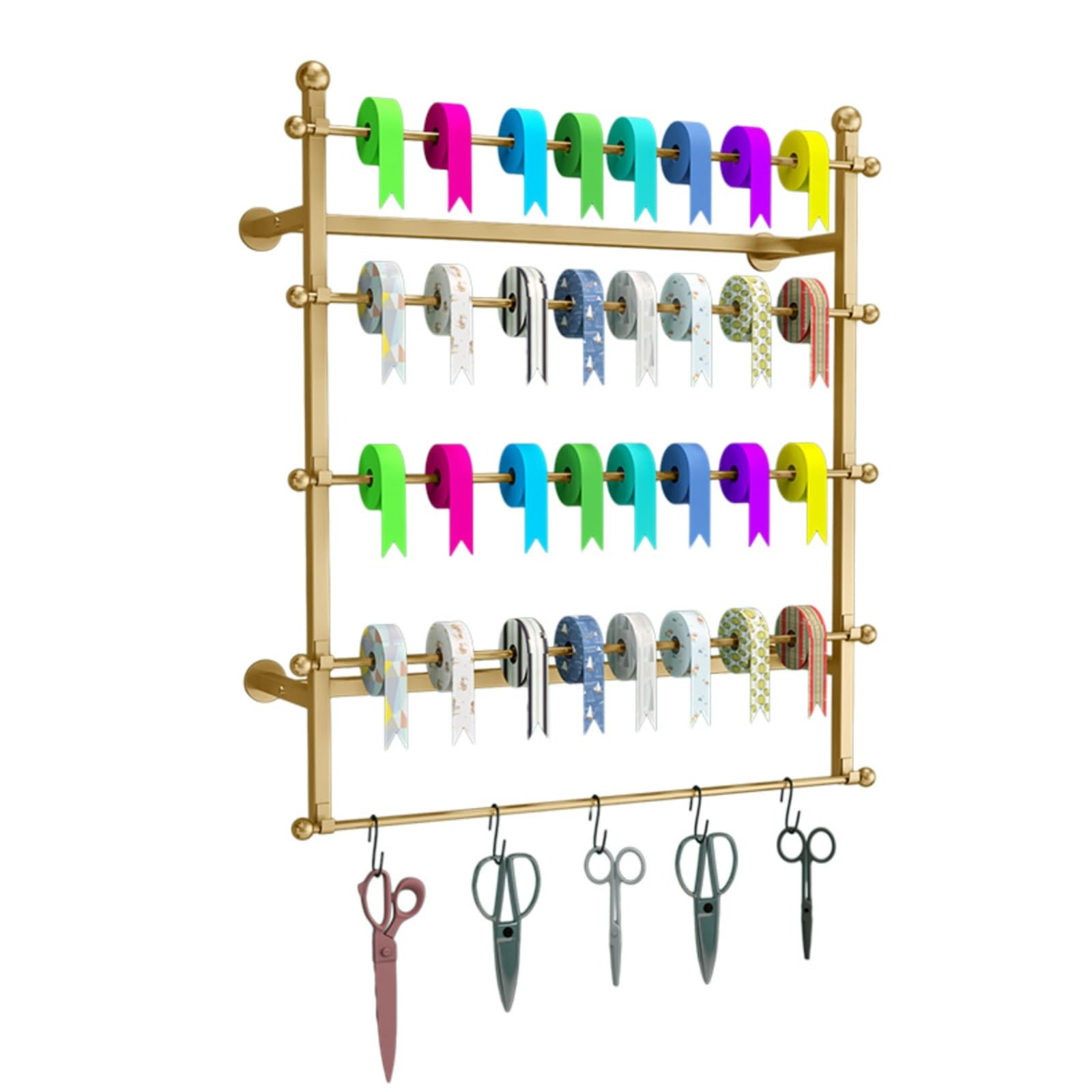 Wall Mounted Ribbon Storage Holder with 5 Hooks, Hang Necktie Display Stand Organizer Shelf for Flower Shop Cake Shop, 5 Tier Metal Wrapping Paper Rack ( Color : Gold , Size : Lxh-100x80cm/39.4x31.5in