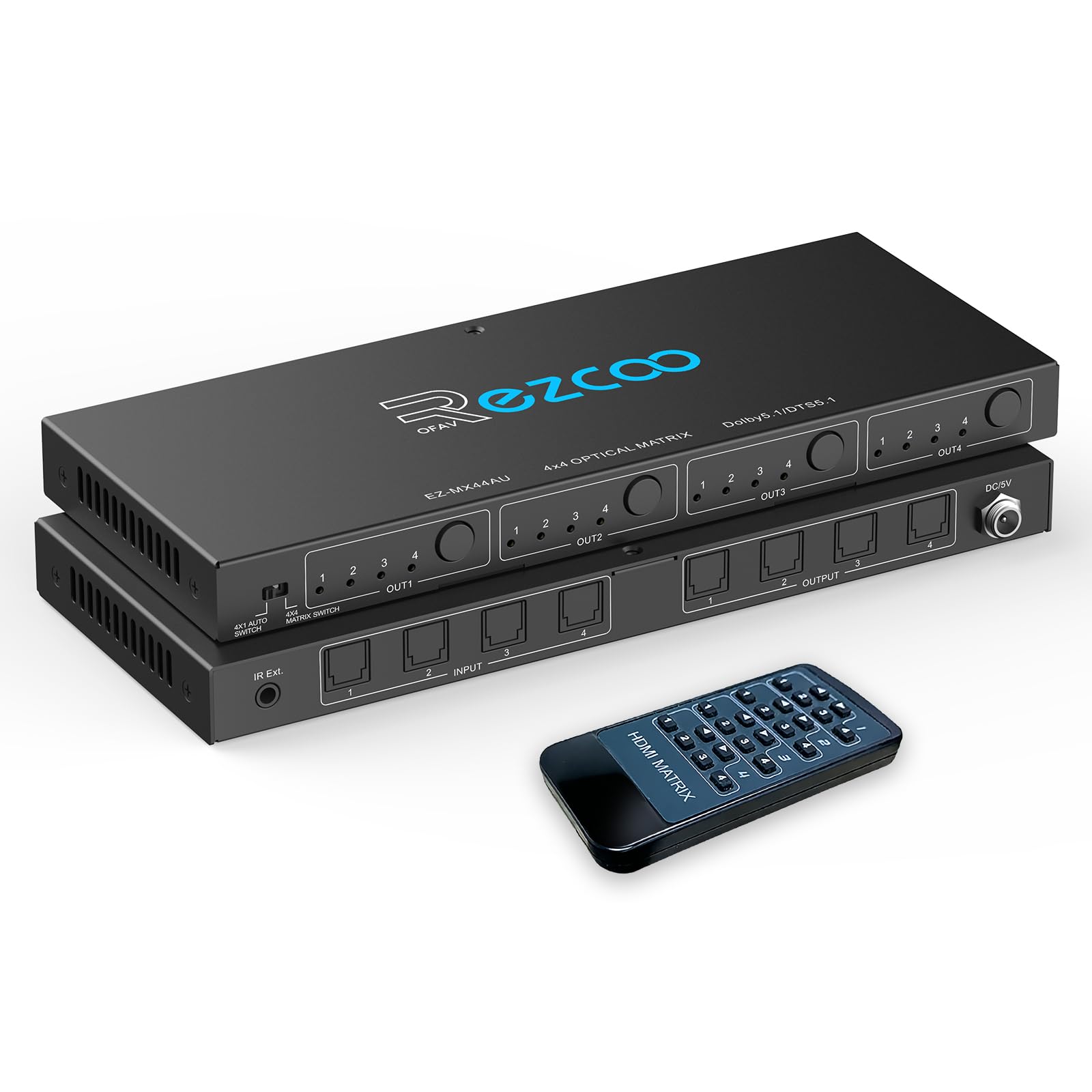 SPDIF - Matriz de audio óptico 4x4, compatible con Dolby 5.1/DTS 5.1, conmutador de audio de fibra óptica de 4 en 4 salidas con control IR e interruptor automático, Plug and Play para cine en casa