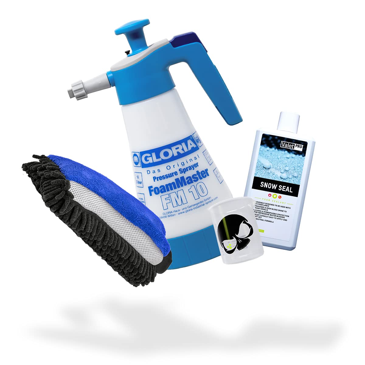 detailmate Foam & Seal Autowäsche Set: ValetPRO Snow Seal 500 ml + Gloria Foam Master FM10 Schaumsprüher 1 Liter + 3in1 Chenille Waschhandschuh + Griffin Messbecher 150 ml skaliert