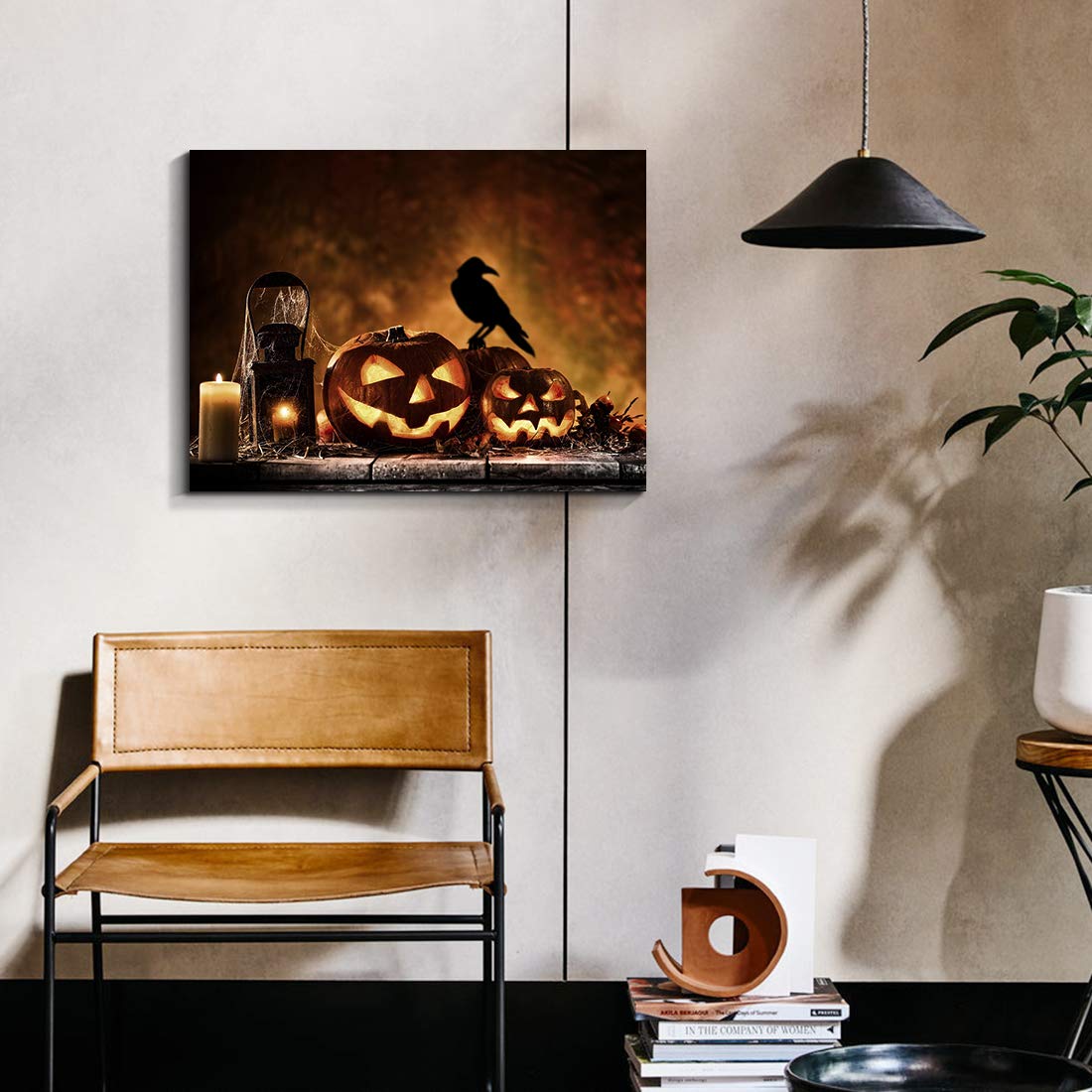 Denozer - Canvas Wall Art Halloween Pumpkin Lantern Painting Artwork for Home Wall Decor,Stretched and Framed Ready to Hang - 32x24 inches