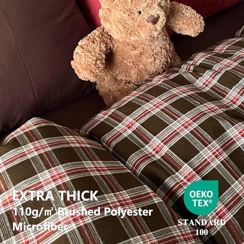 Image of Plaid Duvet Cover Queen Size Red Brown Gingham Duvet Cover Set Vintage Checkered Grid Soft Lightweight Microfiber Bedding Set with Zipper Closure and 2 Pillowcases (No Comforter)