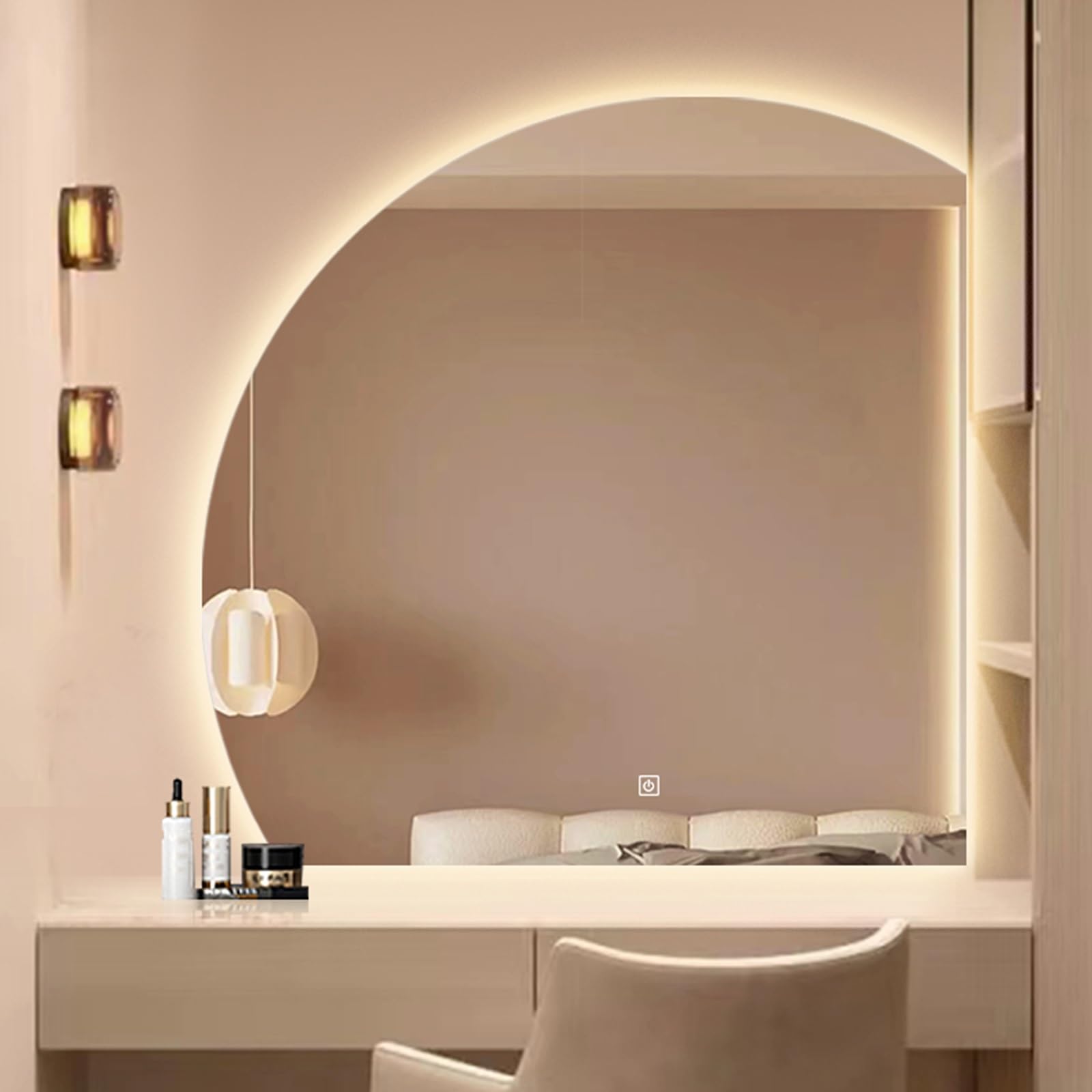 WJFTODAY Illuminated LED Bathroom Mirror, Wall-Mounted Frameless Vanity Mirror with 3 Color Lights, Decorative Semi-Circle Design, 90cm/35.4in for Modern Home Decor