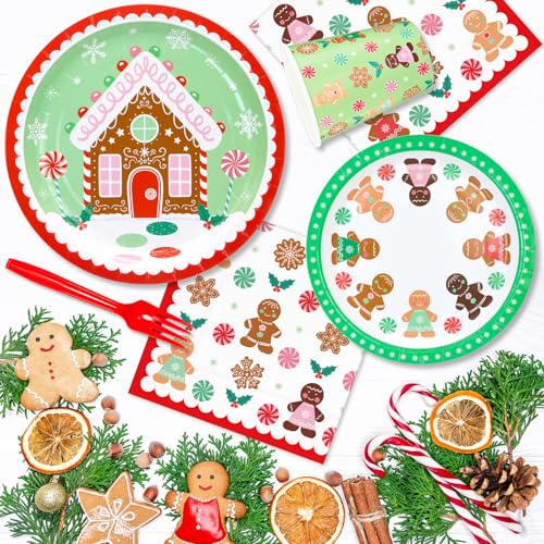 Christmas Party Supplies, Christmas Gingerbread Party Disposable Napkins, Dinner Plates, Dessert Plates, Cups and Forks Tableware Set for Merry Christmas Party Winter Holiday Decorations, Serve 24 – Image 6
