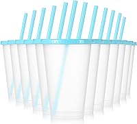 Vista 10 de Mifoci 12 vasos de plástico con tapas y pajillas, vasos de plástico reutilizables, vaso a granel con popote y tapa, vaso helado para beber agua, Rosa