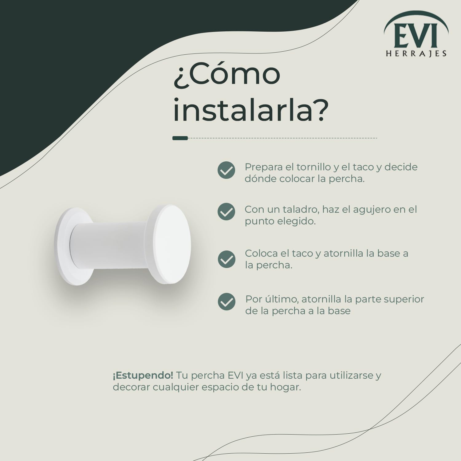 EVI Herrajes Percha de Baño | Colgador de Pared de Acero Inoxidable | Lacado Blanco | Para Colgar Ropa, Abrigos o Toallas| Toallero con Tornillo Invisible | 190CBBL