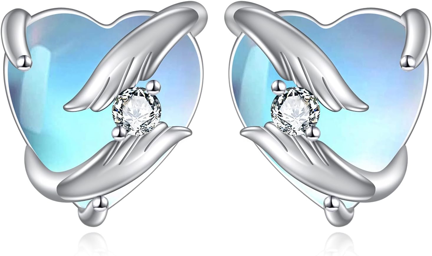 Moonstone Earrings Sterling Silver Angel Wings Stud Earrings Love Heart Post Studs Jewelry Gifts for Women Girls