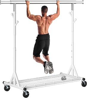 Heavy Duty Clothes Rack, 530 lbs Load Capacity Metal Garment Rack on Wheels - Collapsible Adjustable Portable Storage with Hooks, White