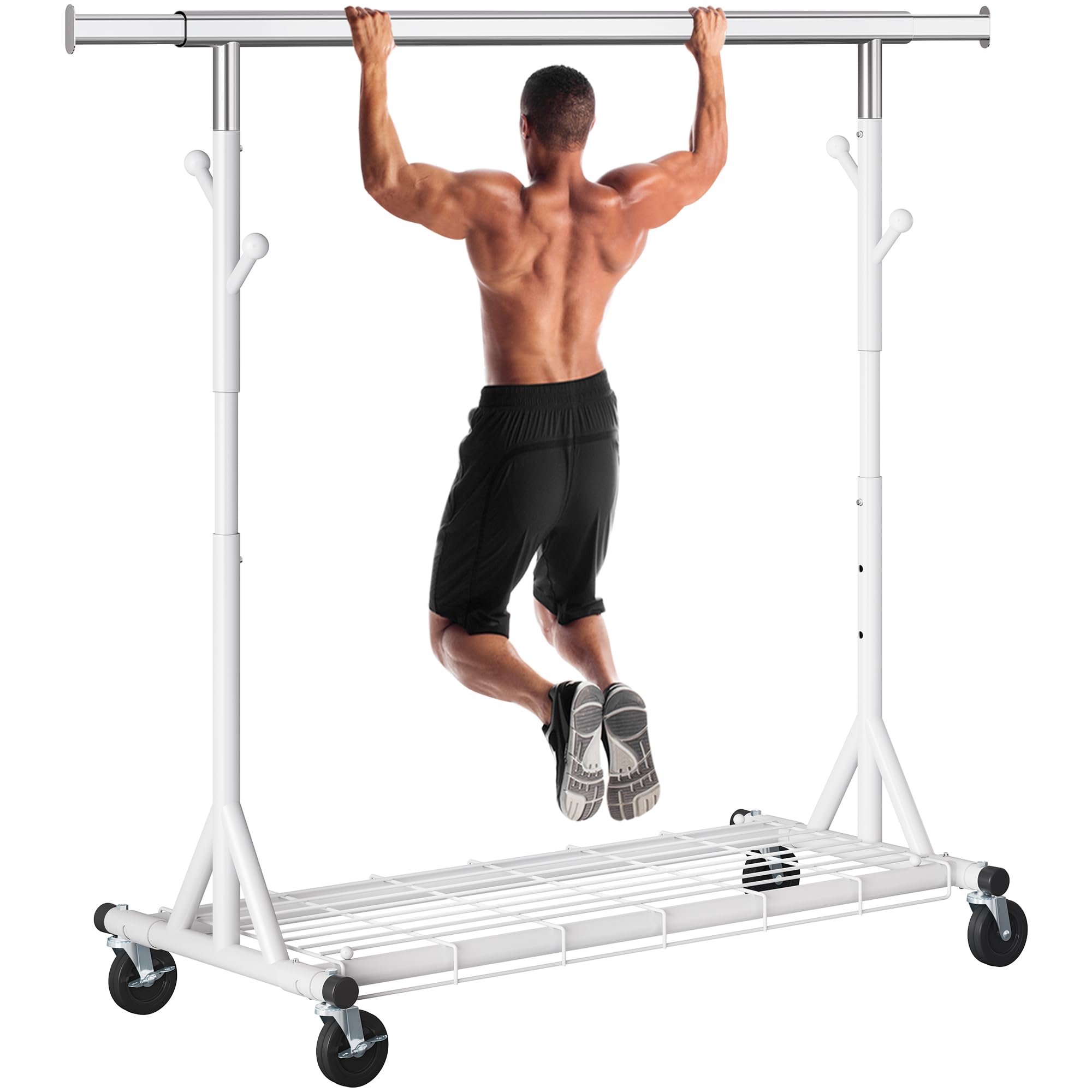 Heavy Duty Clothes Rack, 530 lbs Load Capacity Metal Garment Rack on Wheels - Collapsible Adjustable Portable Storage with Hooks, White