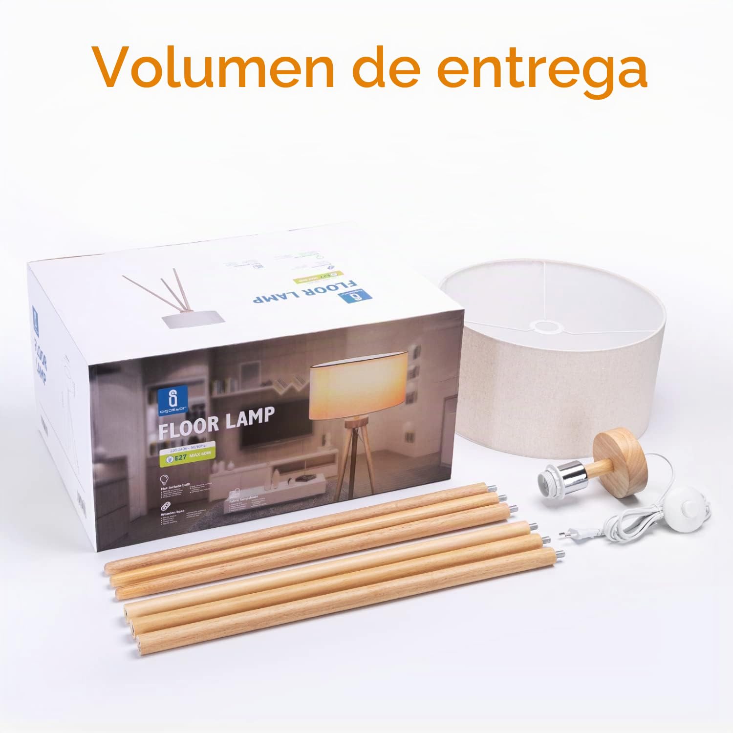 Aigostar Lampara de Pie Salon E27 Retro de Madera Trípode, 2pcs, Sin Bombilla (Max.60W), Pantalla de Lino e Interruptor de Pie, Cable 180 cm, Madera Maciza, Estilo Nórdico