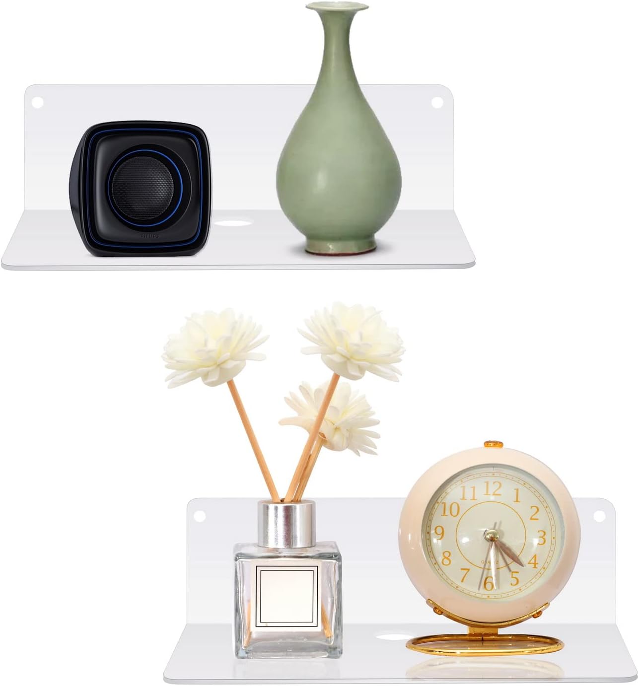 2 PCS 9 Inch Floating Shelves Wall Mounted, White Acrylic Floating Shelf No Drill Adhesive