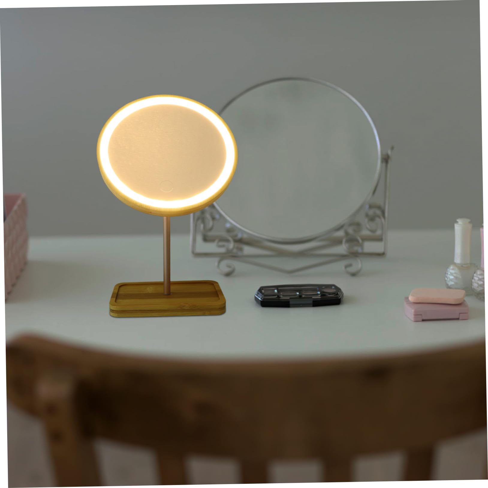 FRCOLOR Specchio da Tavolo LED in Legno con Luce e Batteria 1200ma | Vassoio Integrato, Struttura in Alluminio, per Dressing Tables e Bedroom Dressers