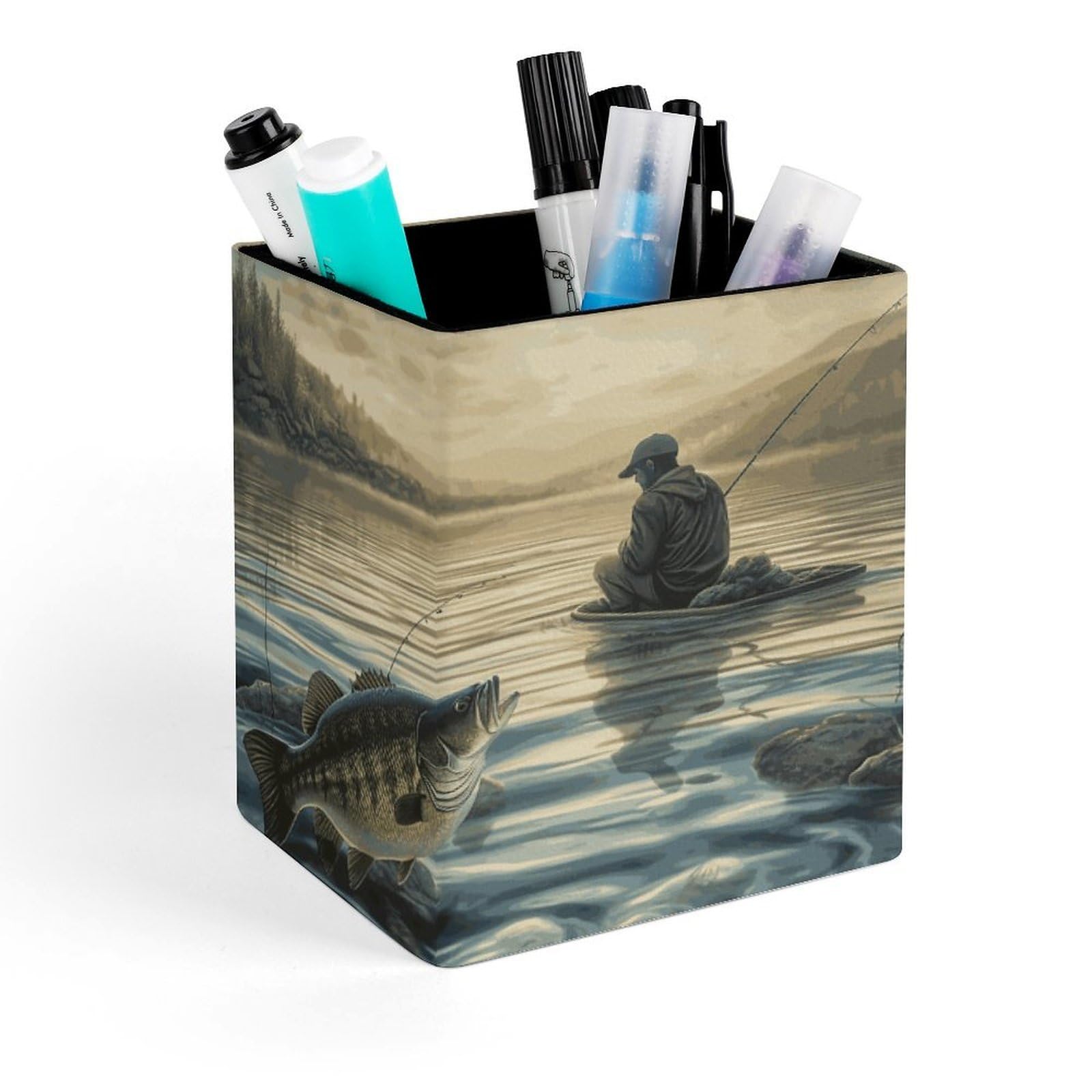 DWVTSLH Aesthetic Pen Holder for Desk - Modern Leather Pencil Holder - Stylish Square Makeup Brush Holder - Lake Fish Fishing Pen Cup Cute And Functional Desk Organizer for Office Supplies