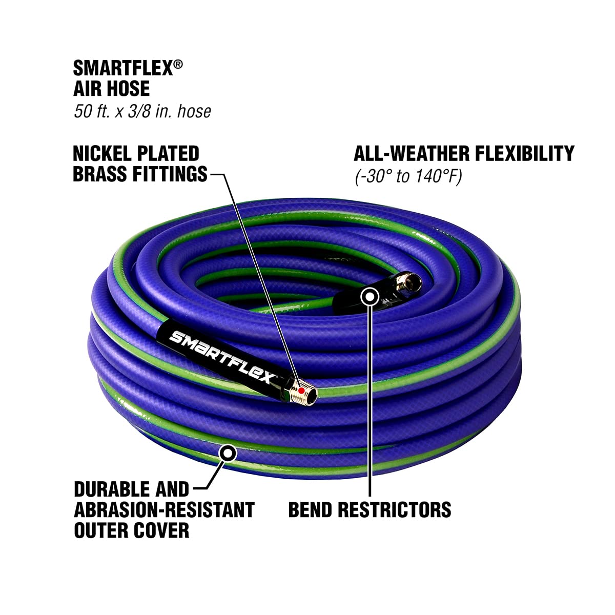 SmartFlex Air Hose, 3/8 in. x 50 ft., Hybrid, Blue - HSF3850BL2, 3/8" (inches) x 50' (feet) - Image 3