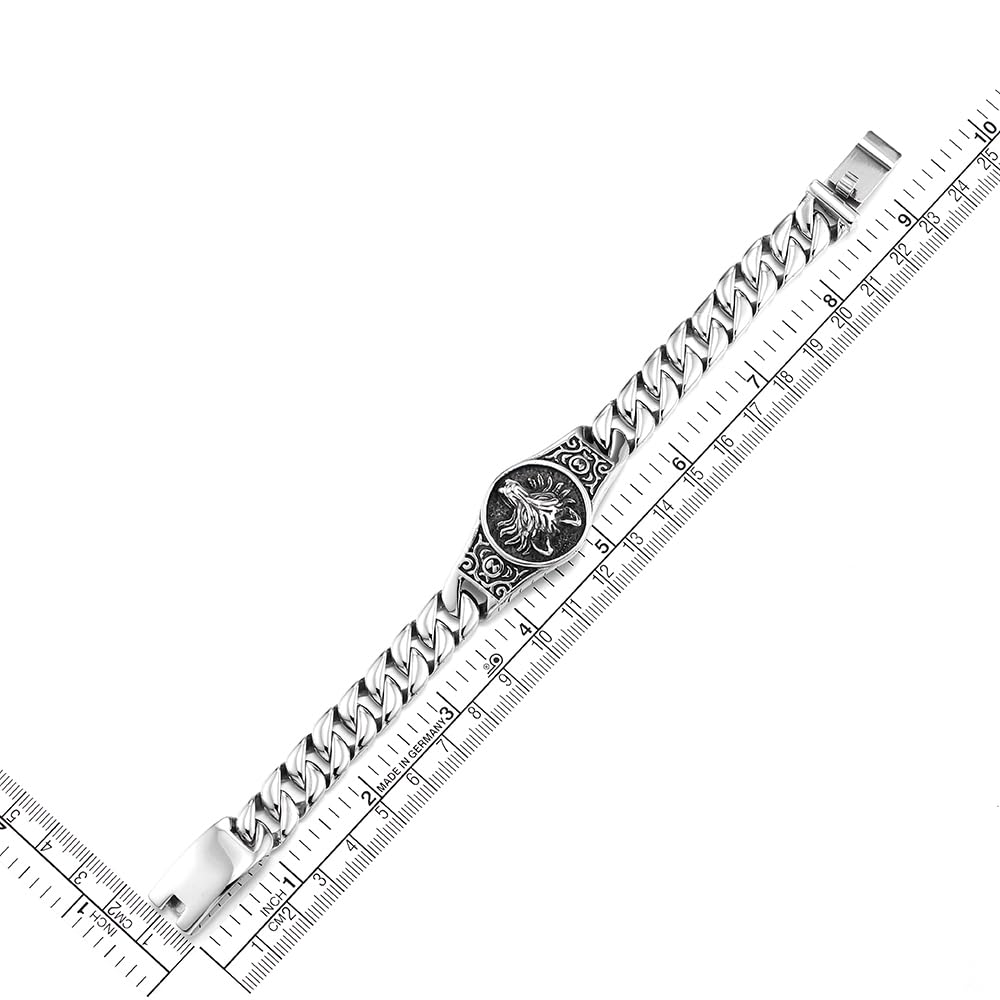COOLSTEELANDBEYOND Pulsera Medallón Cabeza de Lobo en Acero Inoxidable para Hombre, Joyería Totem Vikinga Nórdica Resistente, Cadena Curb Plata Pulida