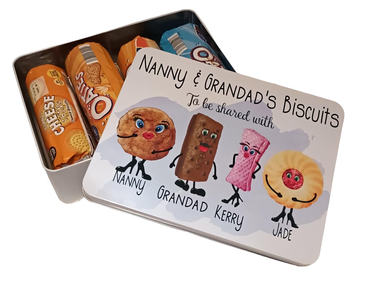 Large Personalised Biscuit Tin for mum dad nana grandad friends family office or workspace with cute biscuit characters custard cream, bakewell, iced ring, gingernut