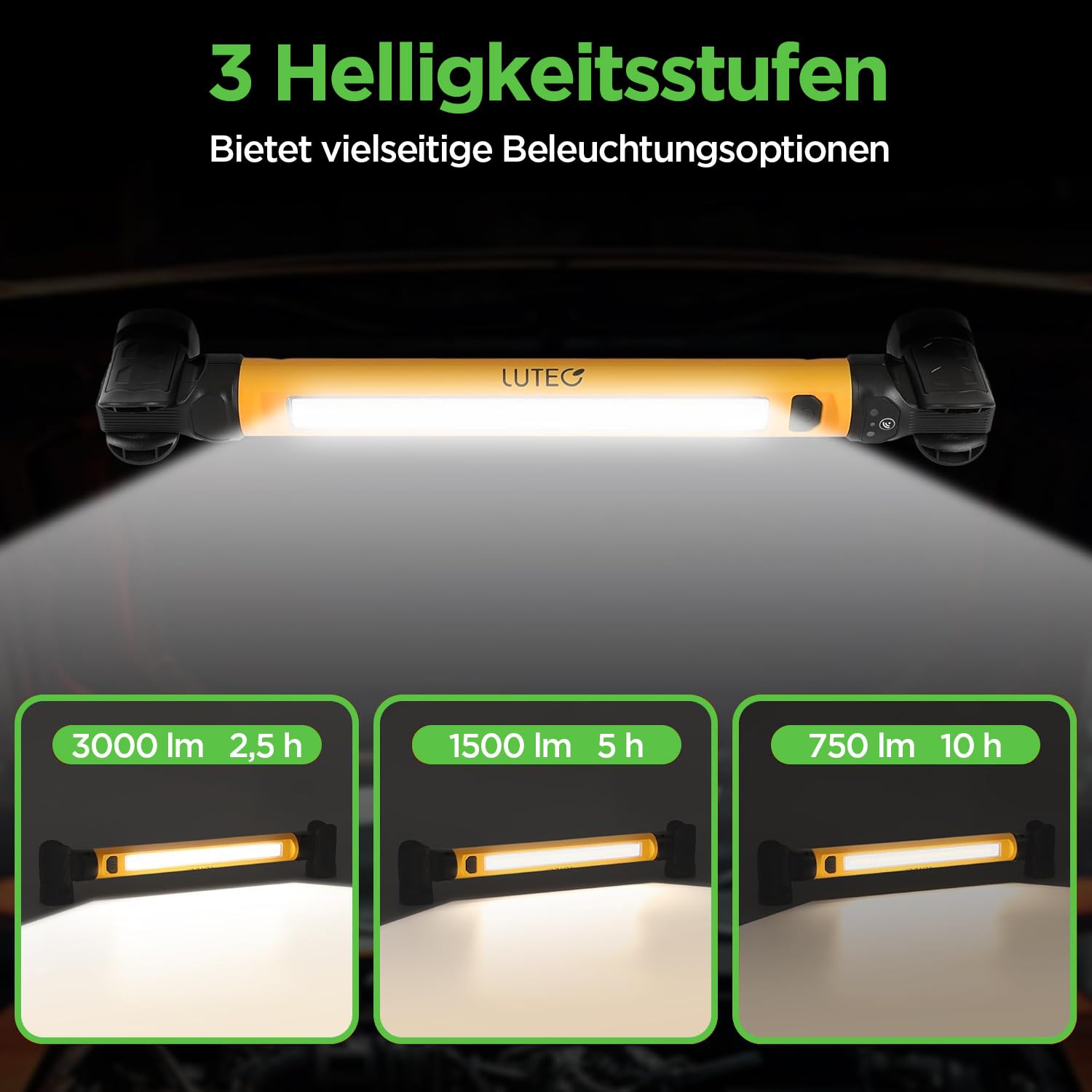 LUTEC 3000LM LED-Arbeitsleuchte, 5200mAh wiederaufladbare magnetische Motorhauben-Leuchtenleiste mit Haken, kabellose tragbare Mechanikerleuchte für Autoreparatur/Inspektion/Garage/Notfälle (2 Stück)