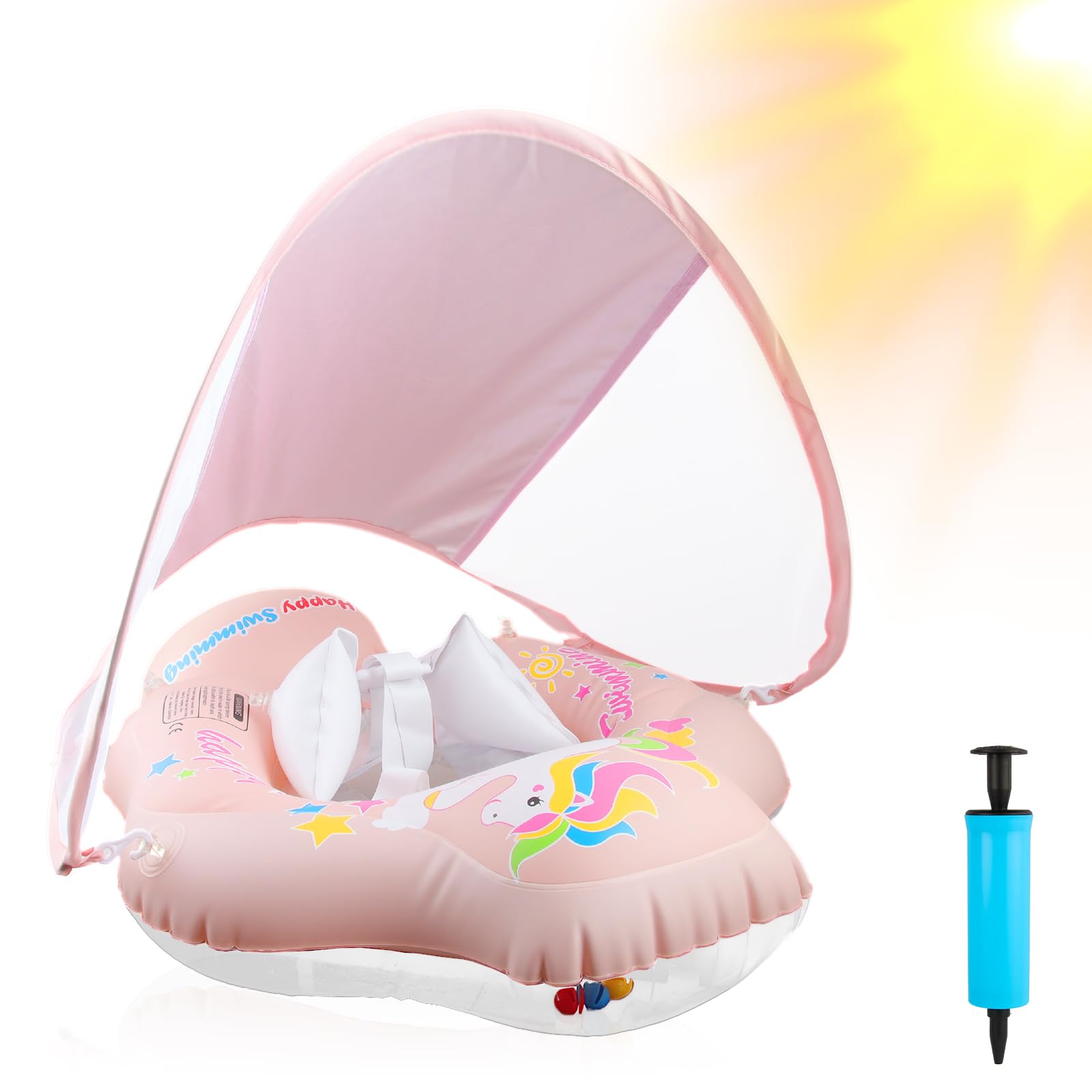 Flotador Bebe con Sombrilla Protección Solar UPF50, Flotador de Piscina Inflable con Bola de Equilibrio para Evitar Vuelcos, Flotador para Bebés y Niños