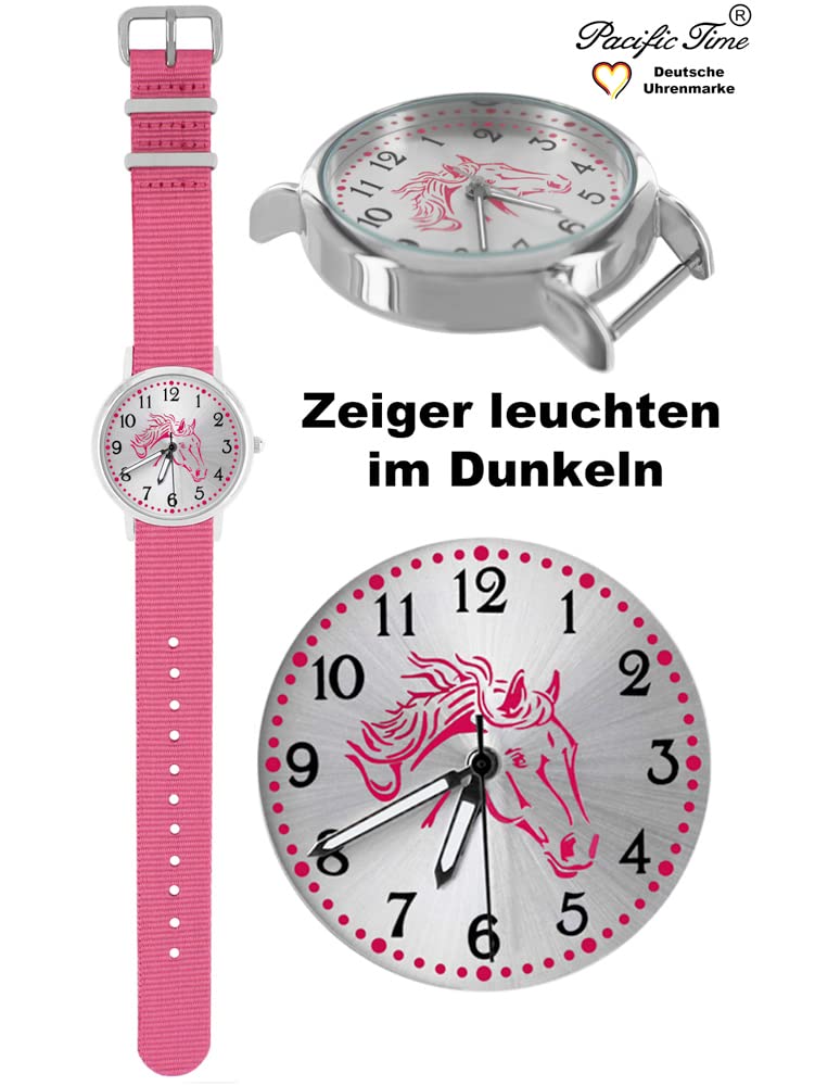 Pacific Time Kinderuhr Mädchen Pferdeuhr rosa Pferdekopf 2 Armbänder | Geschenk für Mädchen: rosa Pferdekopf, Sunray-Zifferblatt, 2 Armbänder, fluoreszierende Zeiger, 5 ATM wasserdicht