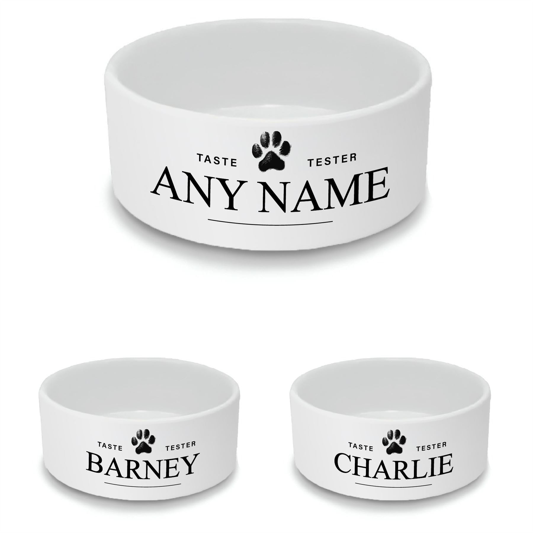 Personalised Ceramic Pet Bowl - Small White Pet Food Dish with Taste Tester Design - Custom Name Pet Bowl 13cm Wide x 5.5cm Deep - Ideal For Cats, Small Dogs, Rabbits — image 1